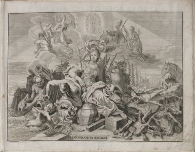 Tysk: Historico-Topographica Descriptio. Det vil sige: Beskrivelse, deß Churfürsten- und Hertzogthums Ober- und Nidern Bayrn : Welches In vier Theilter oder Renntämbter, Als Oberlandts München und Burgkhausen, Unterlandts aber in Landshuet und Straubing ab af Michael Wening
