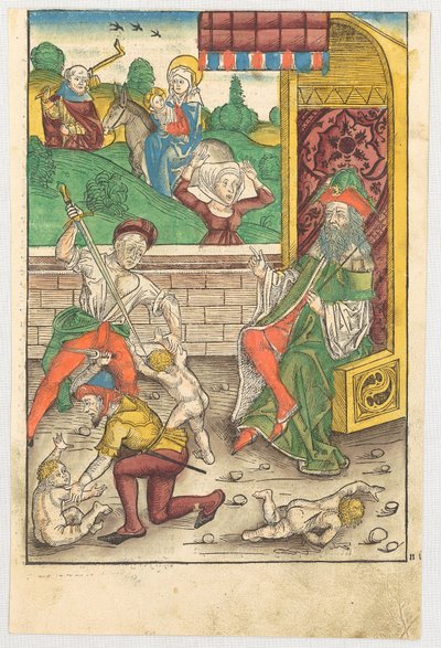 Bethlehemitischer Kindermord [Vordergrund] und Flucht nach Ägypten [Hintergrund] af Michael Wolgemut