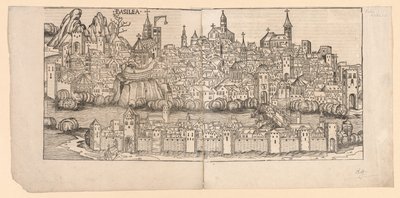 Nürnbergkrøniken: Topografisk udsigt over Basel, Schweiz af Michael Wolgemut