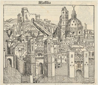 Phantasieansicht der Stadt Marseille [recto], drei Porträts (Phereades, Pythagoras und Sappho) [verso] af Michael Wolgemut