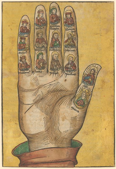 Rechte Hand der Credo-Hände mit Porträts von Heiligen af Michael Wolgemut
