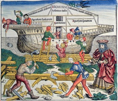 Bygningen af Noahs Ark, fra Nürnberg-krøniken af Hartmann Schedel, 1493 (farvetræsnit) af Michael Wolgemut