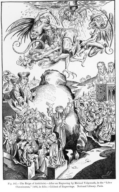 The Reign of Antichrist, fra Liber Chronicarum, udgivet i 1493, illustration fra, Science and Literature in the Middle Ages and Renaissance, skrevet og graveret af Paul Lacroix, 1878 (graveret af af Michael Wolgemut