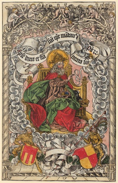 Titelholzschnitt mit Gottvater auf dem himmlischen Thron, die Hand segnend erhoben af Michael Wolgemut
