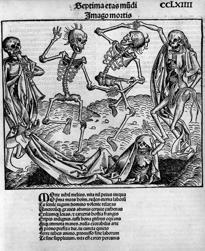 Makaber dansescene, med skeletter, -i "" Chronicles of Nuremberg"" af Hartmann Schedel (1440-1514), redigeret i Nürnberg af Anton Koberger, 12. juli af Michael and Pleydenwurff W. (d.1494) Wolgemuth