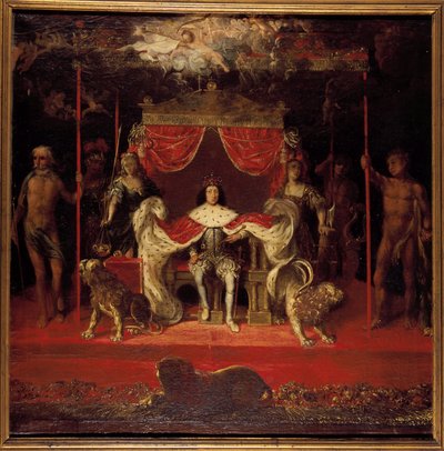 Portræt af Christian V af Danmark 1646-1699 på tronen i Frederiksborg Slot. af Michael van Haven