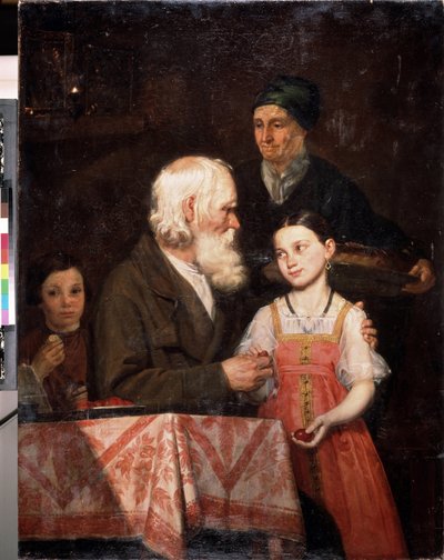 Påske. En gammel mand giver æg farvet rødt til sit barnebarn, bedstemoderen medbringer en traditionel påskebrioche. Maleri af Michail Andreevich Mokhov (1819-1903), olie på lærred af Michail Andreevich Mokhov
