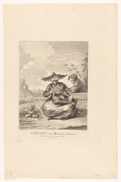 Mand, der sidder på kryds og tværs med skive Viosseu ou Musicien Chinois (titel på objekt) Serie af asiatiske scener fra samlingen af ​​Château de la Muette (serietitel) Figures chinoises et tartares du château de la Muette (serietitel) af Michel Aubert