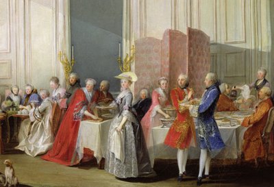 Engelsk te i Salon des Quatre Glaces i Prince de Contis hus (1717-76) Palais du Temple, detaljer om gæsterne, 1766 af Michel Barthelemy Ollivier or Olivier
