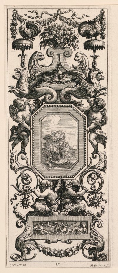 Ornamental panel beklædt med en kurv med blomster og en krans, plade 10 fra bogen over diverse grotesker malet i Reyne Regente