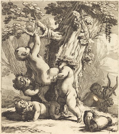 Putti og fauner klatrer i en vinranke af Michel Dorigny