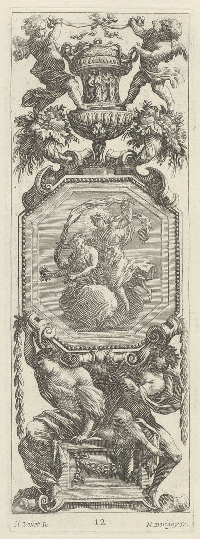 Ornamental panel overbygget af to putti og en vase af Michel Dorigny, after Simon Vouet