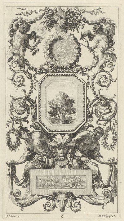 Prydpanel besat af en kurv med blomster med amor og jomfruhinde af Michel Dorigny, after Simon Vouet