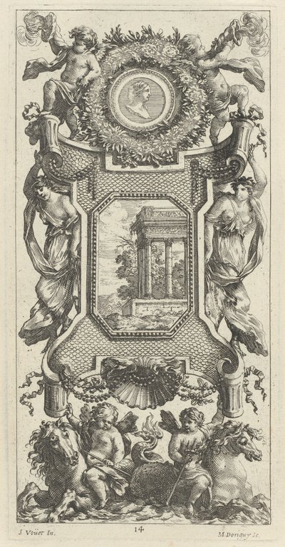 Ornamental panel besat af en buste af en kvinde og to putti med flammende trompeter af Michel Dorigny, after Simon Vouet