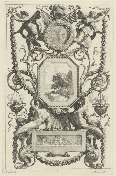 Ornamental Panel besat af en Medaljon med et Offer af Michel Dorigny, after Simon Vouet