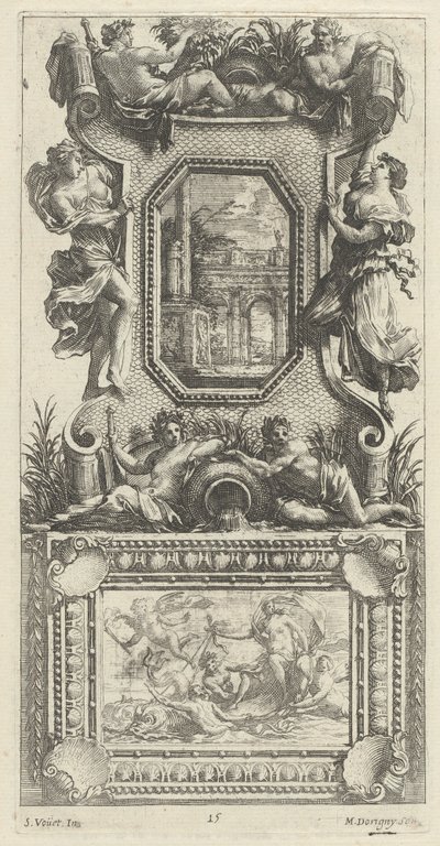 Ornamental Panel betaget af en Naiad og en Flodgud af Michel Dorigny, after Simon Vouet