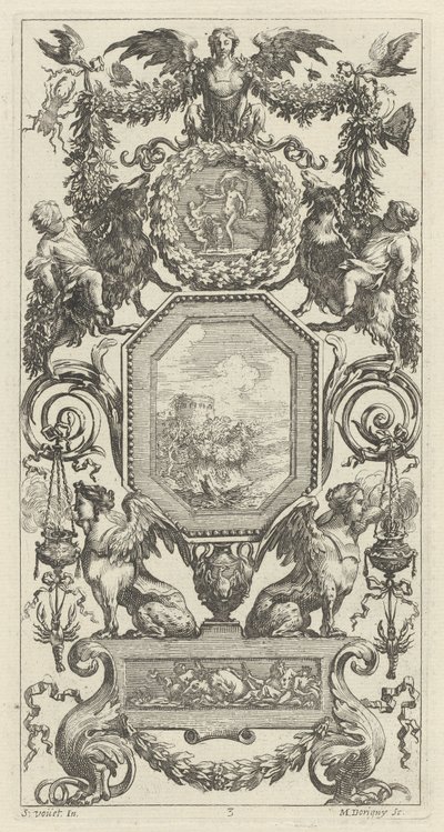 Ornamental panel besat af en bevinget harpy af Michel Dorigny, after Simon Vouet