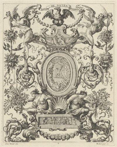 Ornamental panel overvundet af en ørn og mottoet NATOS ET NOSTRA TUEMUR af Michel Dorigny, after Simon Vouet