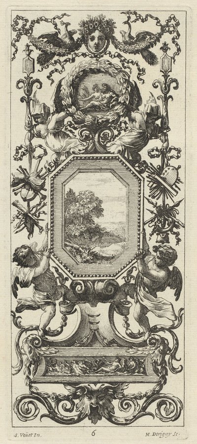 Ornamental panel overvundet af det kronede hoved af en kvinde og to påfugle af Michel Dorigny, after Simon Vouet