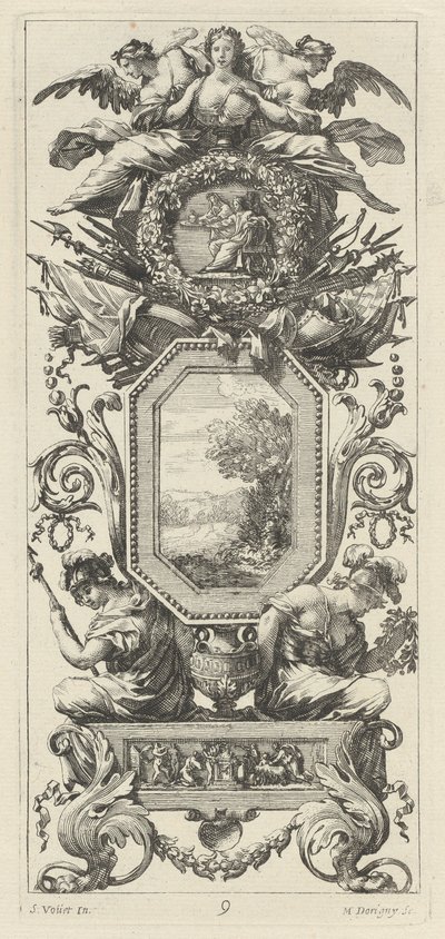 Ornamental panel besat med to figurer, der læner sig op ad en kvindes buste af Michel Dorigny, after Simon Vouet