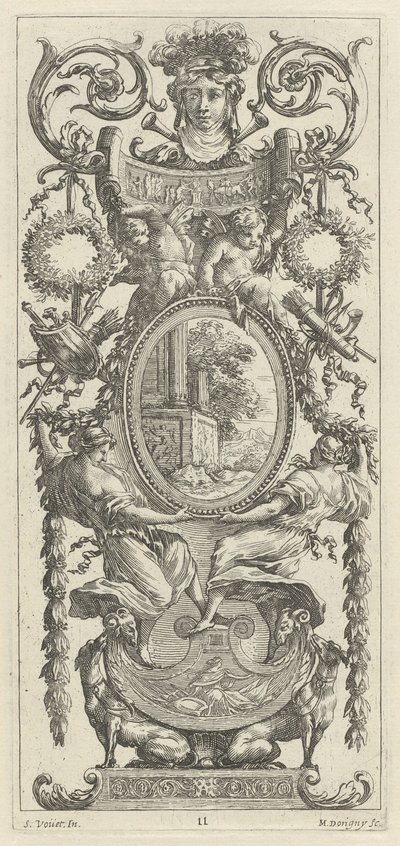 Ornamental Panel overmonteret med et hoved flankeret af løv af Michel Dorigny, after Simon Vouet