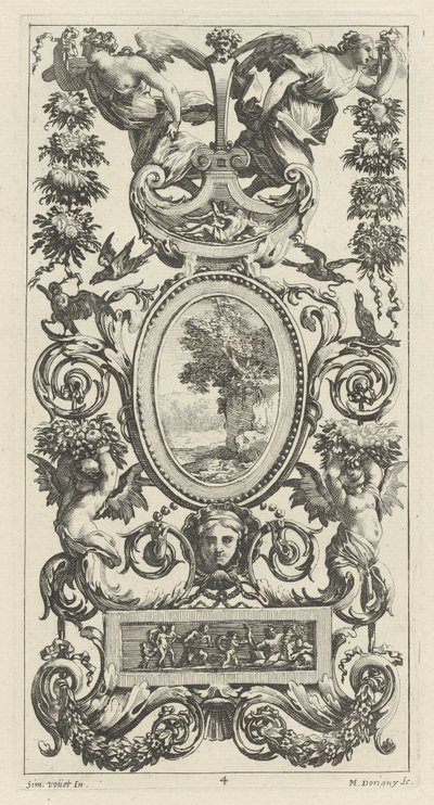 Ornamental panel med pan og to kransbærende kvinder af Michel Dorigny, after Simon Vouet