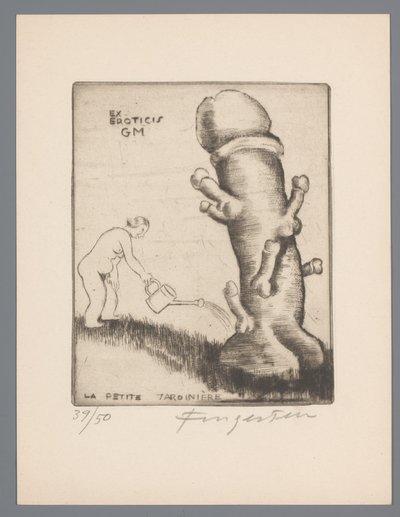 Ex libris af Gianni Mantero Ex eroticis GM (titel på objekt) La petite jardinière (titel på objekt) af Michel Fingesten (signed by artist)
