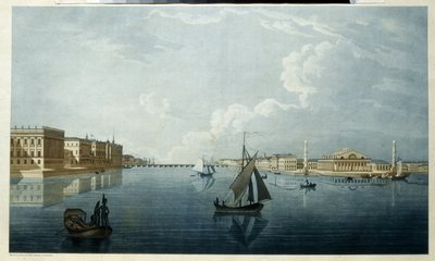 Børsen og Marmorpaladset i Sankt Petersborg. Beskrivelse af bredden af ​​Neva. Værk af Michel Francois Damam Demartrait (1763-1827), litografi, kulisse af Michel Francois Damam Demartrait