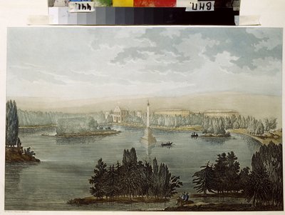 Udsigt over Tsarskoïe Selo. Chesme -kolonnen. (Udsigt til Tsarskoye Selo. Chesme -søjlen). Arbejde af Michel Francois Damam Damamrait (1763-1827), farvet gravering i akvarel af Michel Francois Damam Demartrait