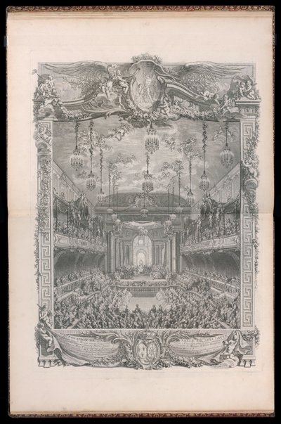 Udsmykning af auditoriet, bygget i den overdækkede rideskole i den store stald i Versailles, til opførelsen af ​​Prinsessen af ​​Navarra Komedieballet, givet i anledning af Louis Dauphins ægteskab med Marie Thérèse Infante d. af Michel de Bonneval