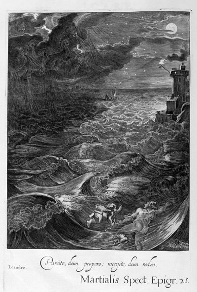 Leander svømmer over Hellespont for at møde sin elskerindehelt, 1655 af Michel de Marolles