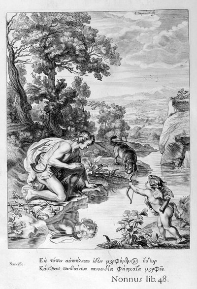 Narcissus forelsket i sin egen refleksion, 1655 af Michel de Marolles
