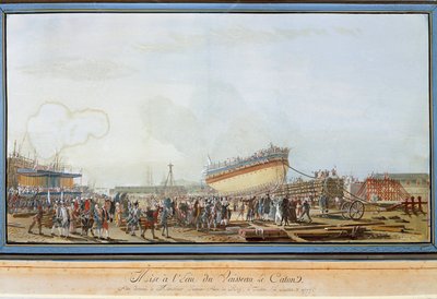 Søsætningen af skibet Le Caton i havnen i Toulon i nærværelse af greven af Provence i juli 1777 (Gouache af Michel de Toulon