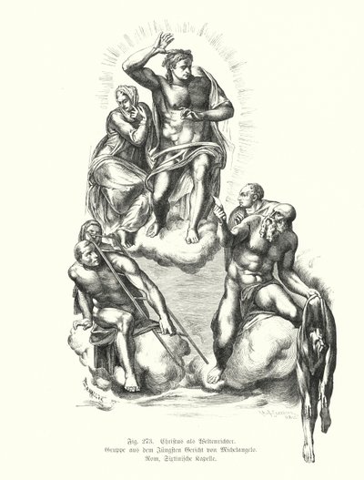 Kristus Dommeren, detalje fra Michelangelos sidste dom, maleri på altervæggen i Det Sixtinske Kapel, Peterskirken, Rom, Italien (gravering) af Michelangelo (after) Buonarroti