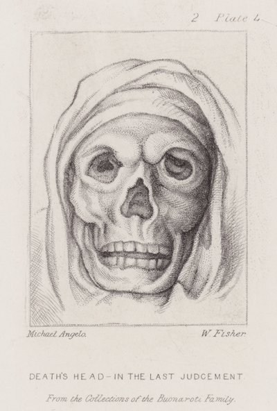 Dødens hoved, i den sidste dom (radering) af Michelangelo (after) Buonarroti