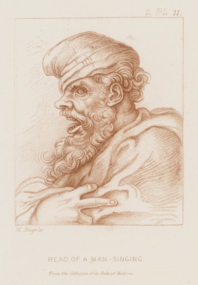 Hovedet på en mand, der synger (ætsning) af Michelangelo (after) Buonarroti