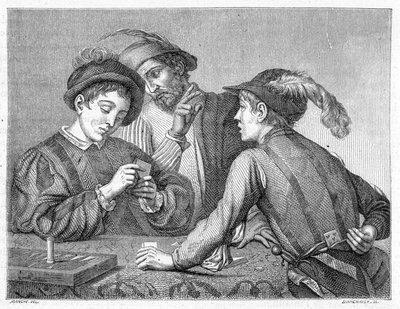 Snyderne. Gravering fra det 19. århundrede, der forestiller Caravaggios (il Caravaggio) arbejde omkring 1596. af Michelangelo (after) Caravaggio