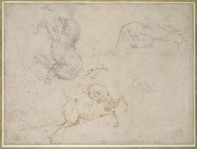 En rytter, der oplader og andre undersøgelser (pen og brunt blæk med og over sort kridt på råhvidt papir) af Michelangelo Buonarroti