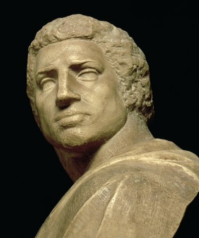 Brutus, detalje af hovedet fra buste af Michelangelo Buonarroti 1475-1564, ca. 1539-40 marmordetalje af 79848 af Michelangelo Buonarroti