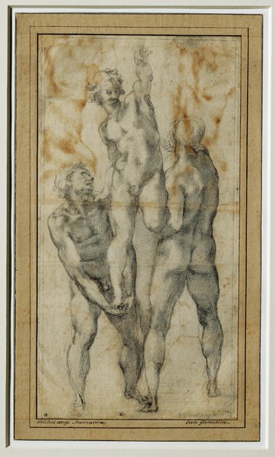 To nøgne mænd løfter en tredje, ca. 1502-06 ... af Michelangelo Buonarroti