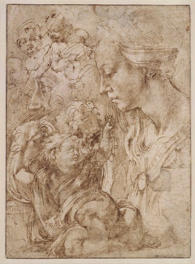"Studier for en hellig familie med Johannes Døberen som barn" (Studier for en hellig familie med Johannes Døberen som barn) Tegning af Michelangelo Buonarroti (1475-1564) - 1505 - Pen, pensel, indisk blæk på papir Dim 28, 7x20 ,9 cm Staatliche Museen, Berl af Michelangelo Buonarroti