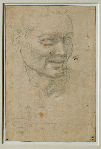 Hoved og højre hånd af Ignudo over og til venstre for Esajas af Michelangelo Buonarroti