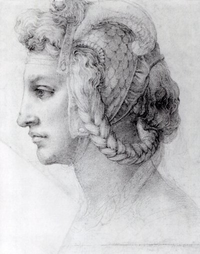 Ideelt kvindehoved, ca.1525-28 (sort kridt på papir) af Michelangelo Buonarroti