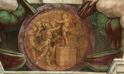 Medaljon repræsenterer ødelæggelsen af statuen af Gud Baal..., 1508-1512. af Michelangelo Buonarroti