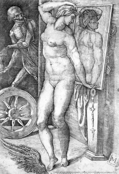 Nøgen ser på sig selv i et spejl, tryk lavet af Monogrammist af Michelangelo Buonarroti