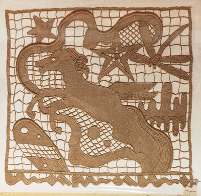 Prøve af nålekniplinger og indsatser til gardiner, med mønstre tegnet fra arbejde lavet af kunstneren Giulio Rosso, Michelangelo Jesurum Manufacture af Michelangelo Buonarroti