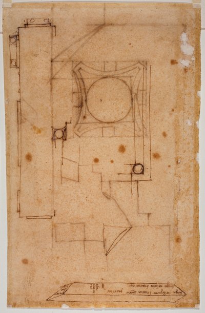 Udsnit af kapitæl, facadeplan og skitser med autograferede målangivelser af Michelangelo Buonarroti
