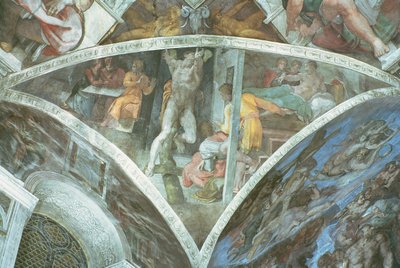 Det Sixtinske Kapel Loft: Haman (spandrel) (før restaurering) af Michelangelo Buonarroti