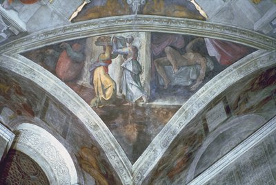 Det sixtinske kapel loft: Judith bærer hovedet af Holofernes (spandrel) (før restaurering) af Michelangelo Buonarroti