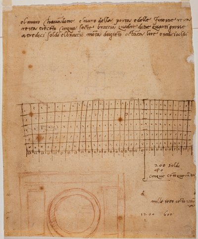 Skitse til et vindue, autograf-anmærkninger og grafisk beregning af Michelangelo Buonarroti